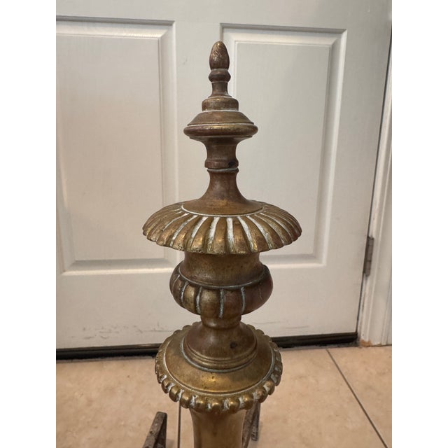 Brass Antique Solid Brass Fireplace Andirons/ Firedogs Pair (2) For Sale - Image 8 of 12