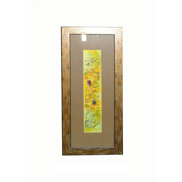 The center vintage hand cross pattern hand embroidery of oriental scenery and kids is reframed. It adds a touch of...