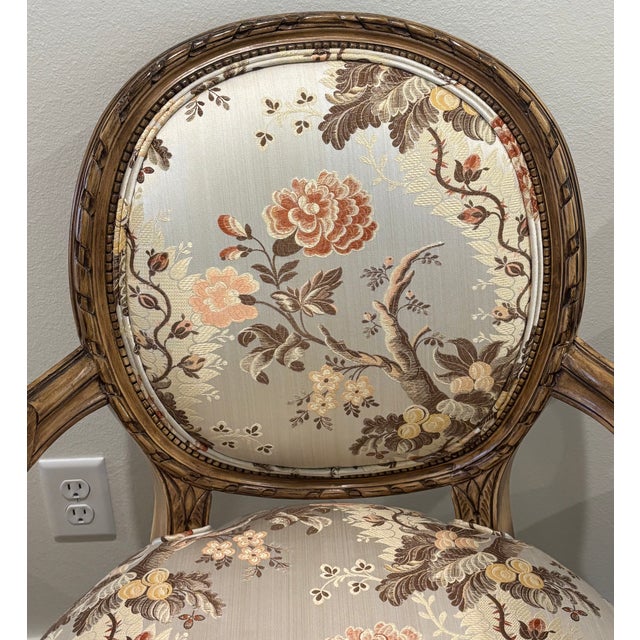 Vintage Louis XVI Style Carved Wood Fauteuil Armchairs in Floral Chinoiserie Upholstery - A Pair For Sale - Image 9 of 18