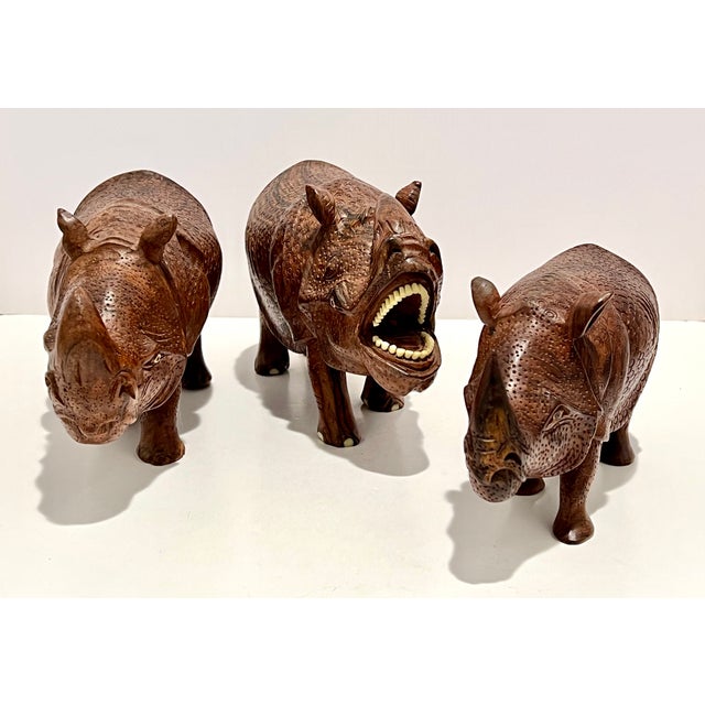 African 1970s Set of 3 Hand-Carved Solid Wood Rhinoceros Sculptures, Textured Hide, Inlaid Teeth and Toenails For Sale - Image 3 of 18
