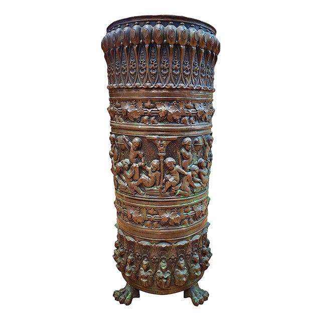 Antique Brass Repoussé Umbrella Stand For Sale