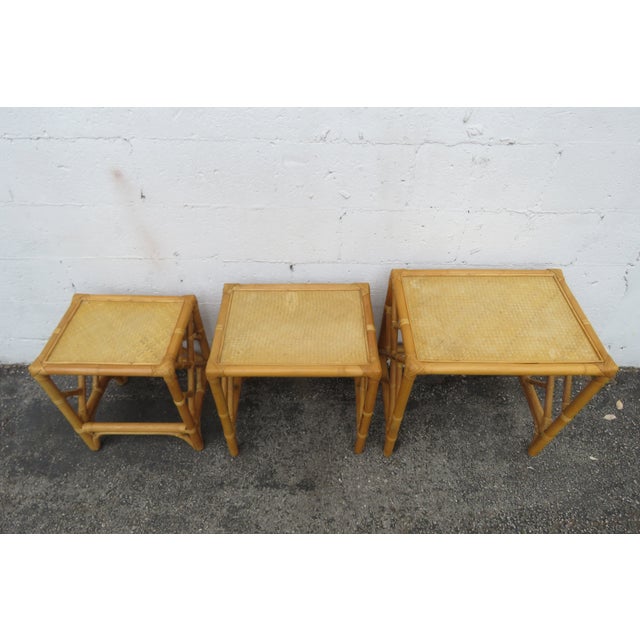 Hollywood Regency Bamboo Rattan Nesting Tables Set of Three 5880 For Sale - Image 9 of 12