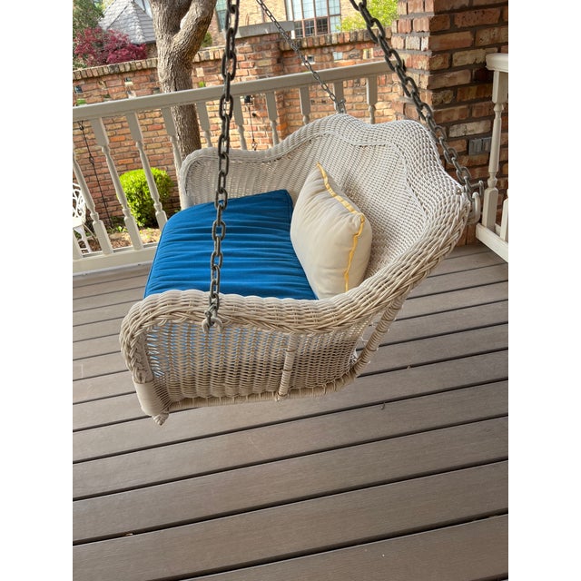 Come have a seat on this charming white lattice wicker porch swing! This is in very good vintage condition. There is a bit...