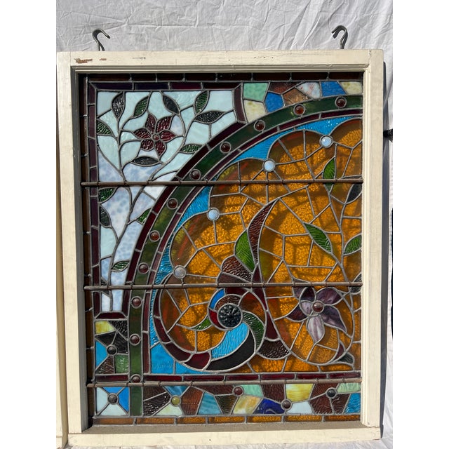 Wood American Victorian Stained Glass Windows, Pair For Sale - Image 7 of 18