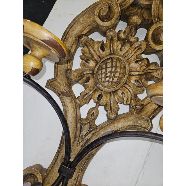 1980s Distress Painted and Carved Wood and Iron Two Arm Pricket Sconces - A Pair For Sale In Philadelphia - Image 6 of 7