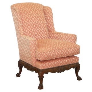 19th Century Wingback Armchair in Heavily Carved Wood After Thomas Chippendale For Sale
