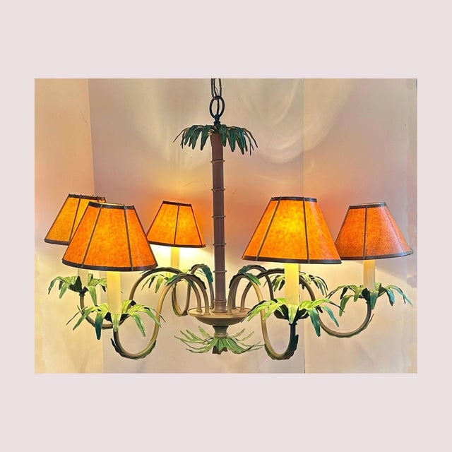 Late 20th-century large-scale 6-light Palm Beach Regency painted pole palm tree chandelier with wood-look shades. In very...