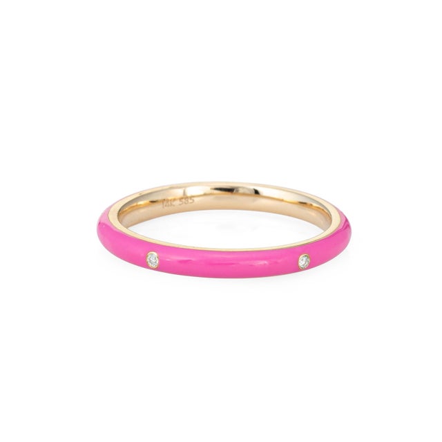 ​Candy Pink Enamel Diamond Ring Size 6.5 14k Yellow Gold Stacking Band Jewelry For Sale - Image 4 of 6