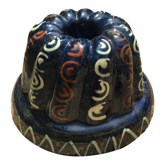 French Blue Earthenware Cake Pudding Ceramic Mold, 20th Century For Sale