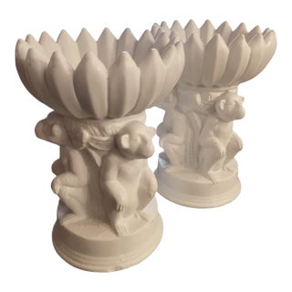 Vintage White Ceramic Monkey Bananas Tall Catchall Statues Bowls- A Pair For Sale