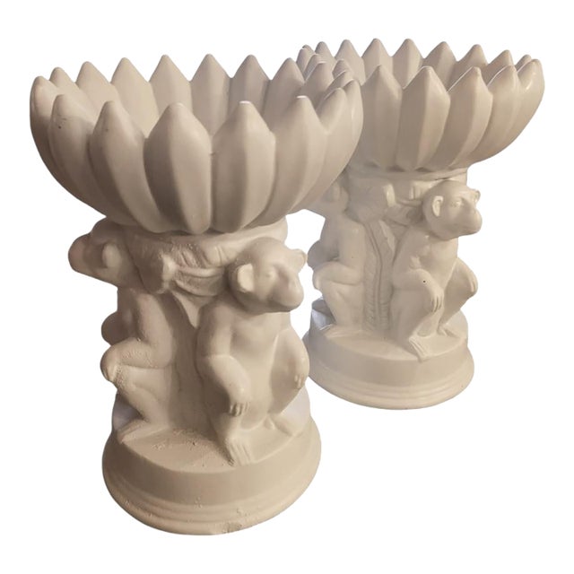 Vintage White Ceramic Monkey Bananas Tall Catchall Statues Bowls- A Pair For Sale