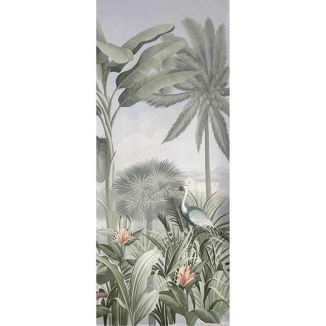 Traditional 36" * H96" * 3ps, Hand-Painted Sage Green Tropical Rainforest Wallpaper, Custom Vintage Jungle Wall Mural For Sale - Image 3 of 4