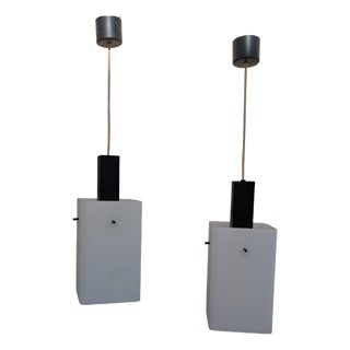 Pendant Lamps in Opaline Glass and Iron, 1950s, Set of 2 For Sale