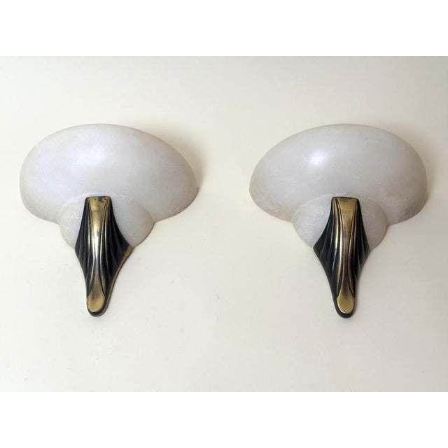 Art Deco Style Hand-Carved Alabaster and Brass Wall Sconces, 1980, Set of 2 For Sale - Image 3 of 15