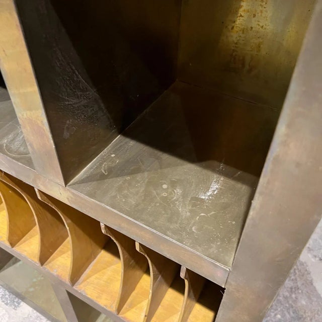 Wood 1980s Custom Bookcase Sectioned Storage Rustic Wood Brass For Sale - Image 7 of 13