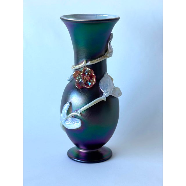 Iridesed Black Glass Vase with Sculpture Glass Flowers by Loetz For Sale - Image 9 of 9