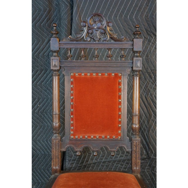 Early 20th Century 6 Antique Renaissance Revival Carved Walnut High Back Velvet Dining Chairs For Sale - Image 5 of 18