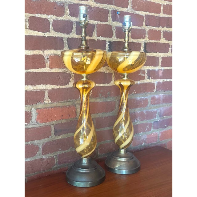 Mid-Century Modern Pair of Italian Murano Ribbon Glass Amber Table Lamps For Sale - Image 3 of 7