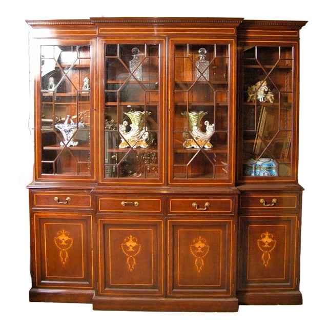 Regency Sheraton Breakfront Bookcase with Mahogany Inlay For Sale