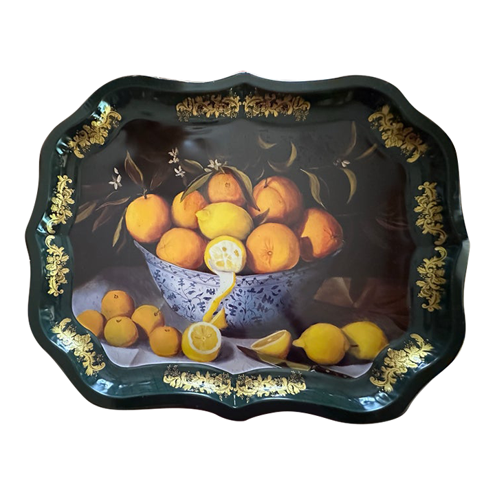 1980s Ian Logan English Tole Serving Tray Lemons Dark Green Gold