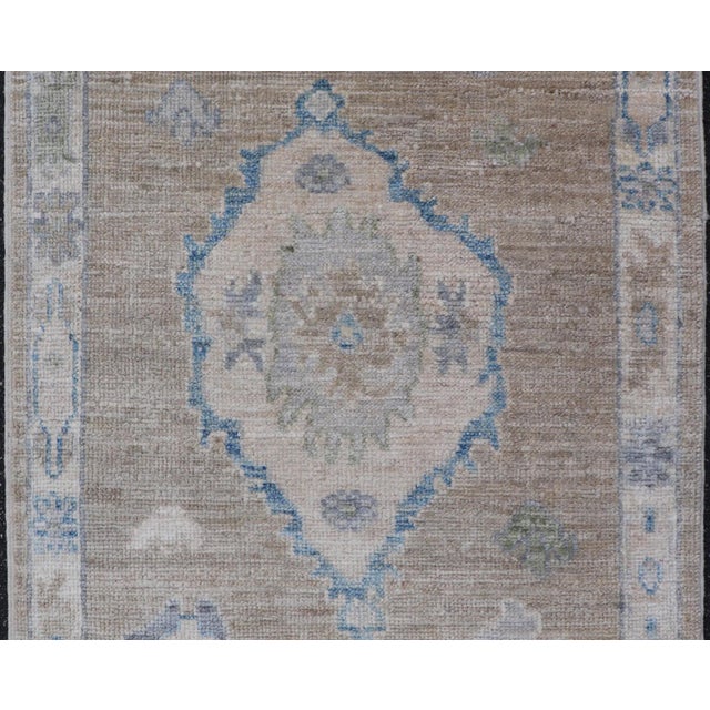 Modern Modern Oushak Rug With Taupe Accents of Sky Blue and Sage Green 2'0 X 2'8 For Sale - Image 3 of 8