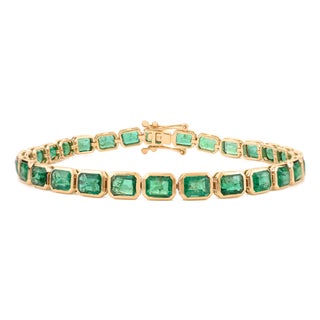 11.73 Carat Vivid Green Emerald Infinity Tennis Bracelet in 14k Solid Yellow Gold- 7.75 Inch For Sale