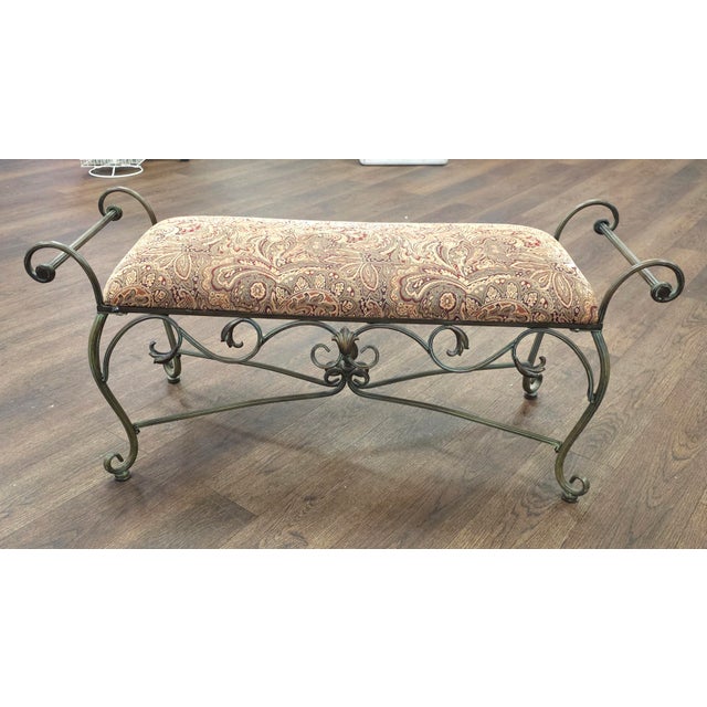 Late 20th Century French Country Patinated Copper-Finished Metal and Upholstered Hall Bench For Sale - Image 13 of 13