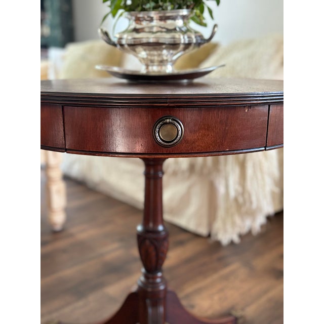 Vintage Lane Mahogany Drum Table Round Pedestal Side End Table Drawer Claw Feet For Sale - Image 10 of 11
