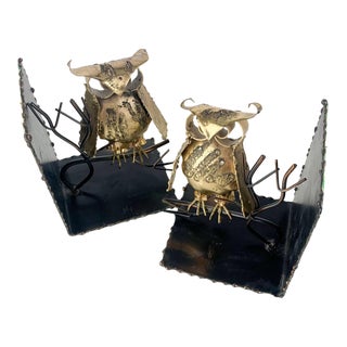 Vintage C Jere Style Brutalist Metal Owl Branch Sculpture Bookends Mid Century For Sale