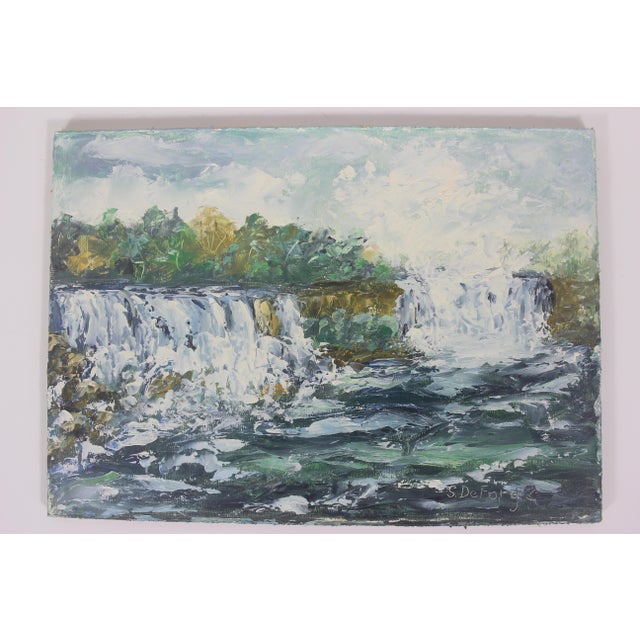 Green Signed Vintage Oil Painting of Niagara Falls Unframed Small For Sale - Image 8 of 8