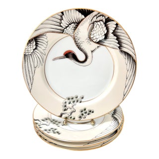 Fitz & Floyd Japanese Crane Dinner Plates – Gold Rim Porcelain Tableware Set of 4 For Sale