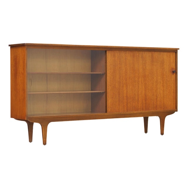 Long Teak Mid Century China Display Cabinet For Sale