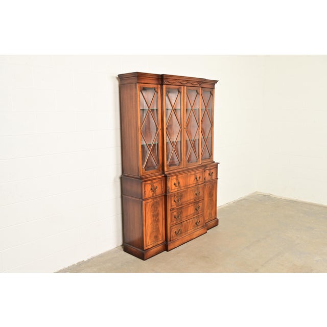 Baker Furniture Company Baker Furniture Style Regency Flame Mahogany Lighted Breakfront Bookcase Cabinet With Drop Front Secretary Desk, Circa 1940s For Sale - Image 4 of 16
