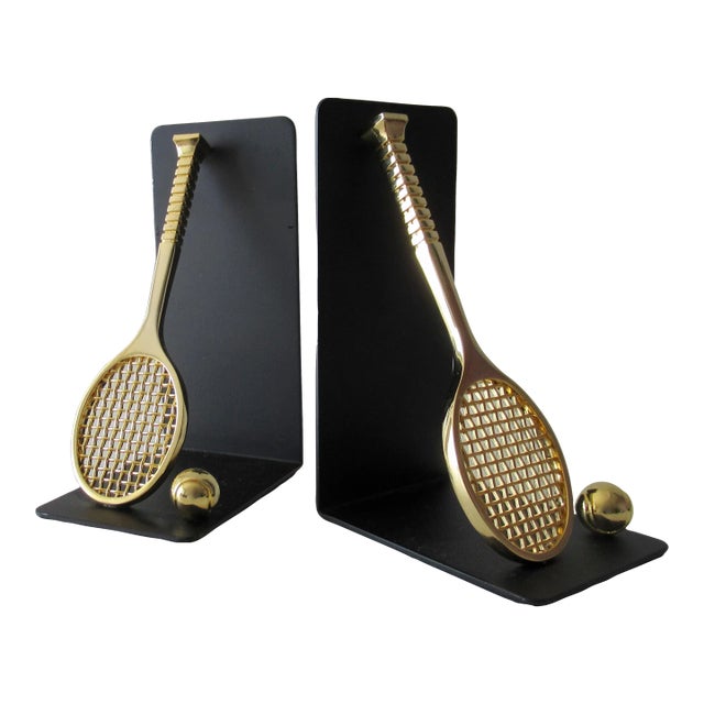 C.1980's Brass Tennis Racket & Ball Bookends With Black Satin Metal Backs -Made Exclusively for Lord & Taylor For Sale