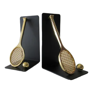 C.1980's Brass Tennis Racket & Ball Bookends With Black Satin Metal Backs -Made Exclusively for Lord & Taylor