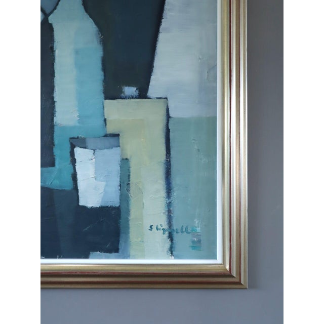 Paint Mid-Century Modern 'Bottles in Blue Geometry' Vintage Swedish Cubist Still Life Oil Painting, Framed For Sale - Image 7 of 13