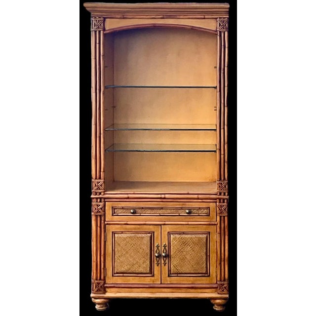 Traditional 1980s Regency Coastal Style Faux Bamboo Fruitwood Bookcases / Display Cabinets - S/2, Pair For Sale - Image 3 of 11