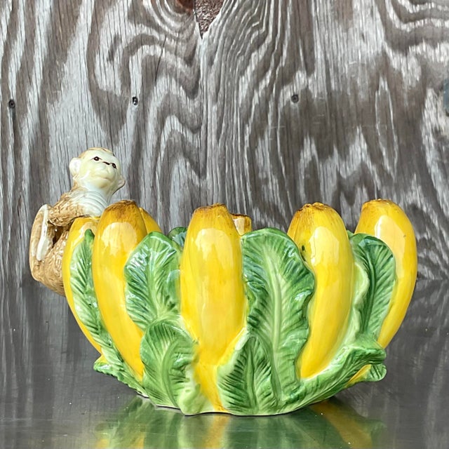 Vintage Boho Glazed Ceramic Banana Bowl With Little Monkey Chairish