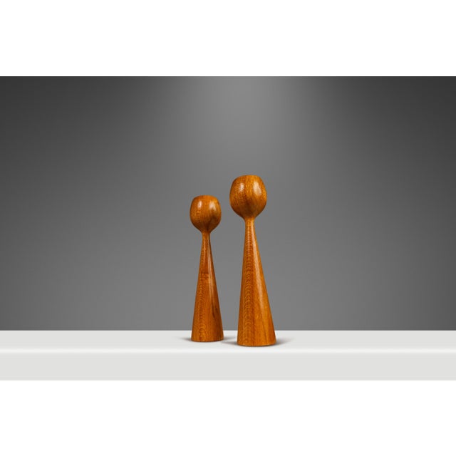 Set of Two Danish Mid-Century Modern Wood-Turned Flared Tulip Candlestick Holders in Solid Ash, Denmark, 1960's For Sale - Image 4 of 12