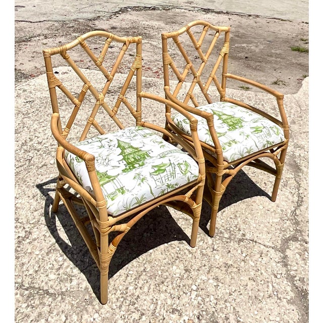 Vintage Coastal Chinese Chippendale Rattan Armchairs – A Pair For Sale - Image 4 of 12