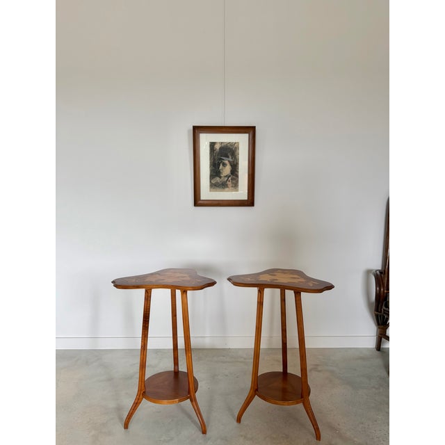 Louis Majorelle Art Nouveau Side Table / Boudoir Table Marquetry Pair Available For Sale - Image 9 of 18