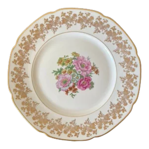 Mid 20th Century Vintage Victorian Rose and Ivory Porcelain Serving Dish With Gold Floral Rim