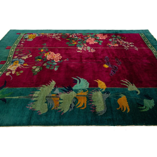 Art Deco Vintage Colorful Art Deco Chinese Wool Rug 10 Ft 10 in X 12 Ft For Sale - Image 3 of 10