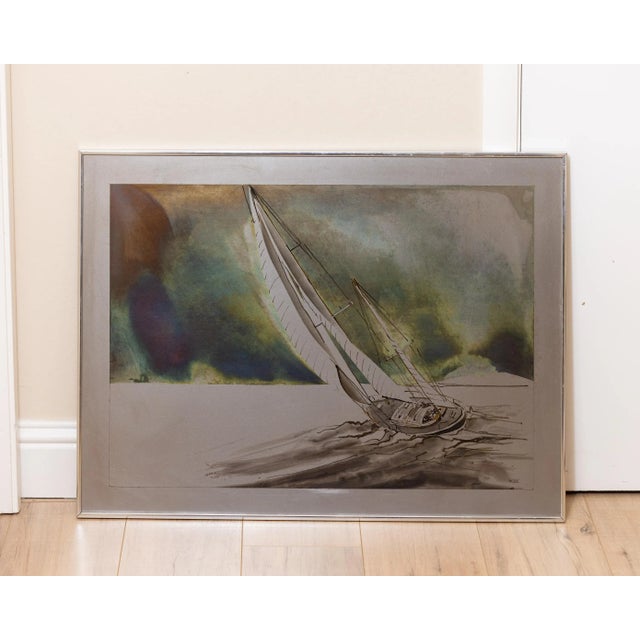 Studio-made metal artwork featuring a sailboat cutting through the water beneath a richly toned sky. The background was...