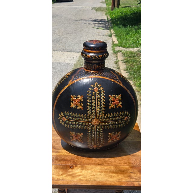 Folk Art Vintage Hand-Painted Blackware Pottery Bottle Vase With Floral Folk Art Motif For Sale - Image 3 of 18