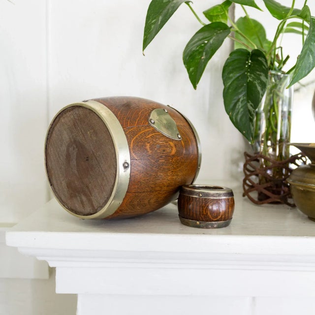 Antique English Oak Porcelain Lined Silver Shield Biscuit or Tobacco Barrel For Sale - Image 9 of 11