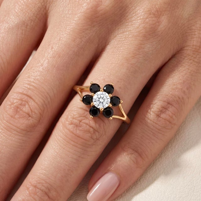Black Onyx Flower Engagement Ring | Unique Gothic Floral Cluster Ring | Black Gemstone Promise Ring Us 7 (All Sizes Available) For Sale - Image 4 of 4