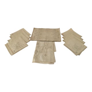 Vintage Embroidered Linen Placemats, Napkins & Runner - Set of 17 For Sale