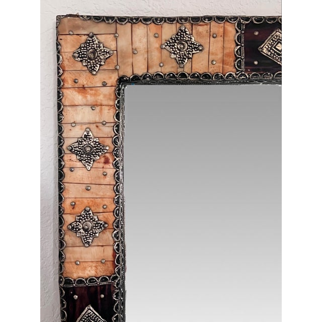 Wood Large Moroccan Rectangular Wall Mirror, Expresso Brown Wood, Orange With Silver Embellishments For Sale - Image 7 of 12