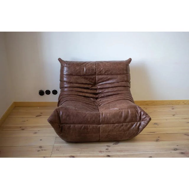 Dark Brown Leather Togo Lounge Chair, Pouf and 3-Seat Sofa by Michel Ducaroy for Ligne Roset, Set of 3 For Sale - Image 3 of 13